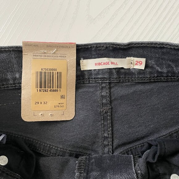 Levi's Women's Ribcage Bell Jeans 29x32 Black Super High Rise Flare Denim Slim - Picture 6 of 10